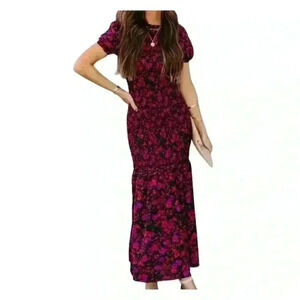 Fore Floral Smocked Maxi Dress Short Sleeve Boho Stretch Size Large